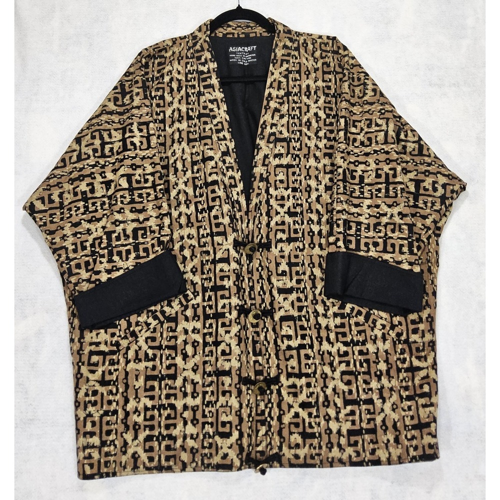 Vtg Asiacraft Womans Kimono Jacket L / XL Handmade Short Asia Craft Brown‎ Black